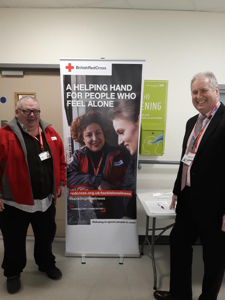 WansbeckAD's tweet photo. @MRickwoodBRC our community connector and Michael our volunteer promoting our assisted discharge service at @NorthumbriaNHS #tacklinglonliness #britishredcross #RedCross #wansbeckgeneralhospital #NSECH #assisteddischarge #community https://t.co/aHTq2wCIn6