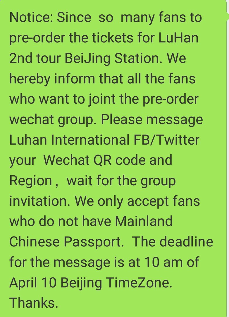 luking0420's tweet photo. [#LuHan 2ND Tour-Beijing Station] Notice for Overseas Fans Tickets #LuHan2ndConcert https://t.co/mDdeaC4zfn