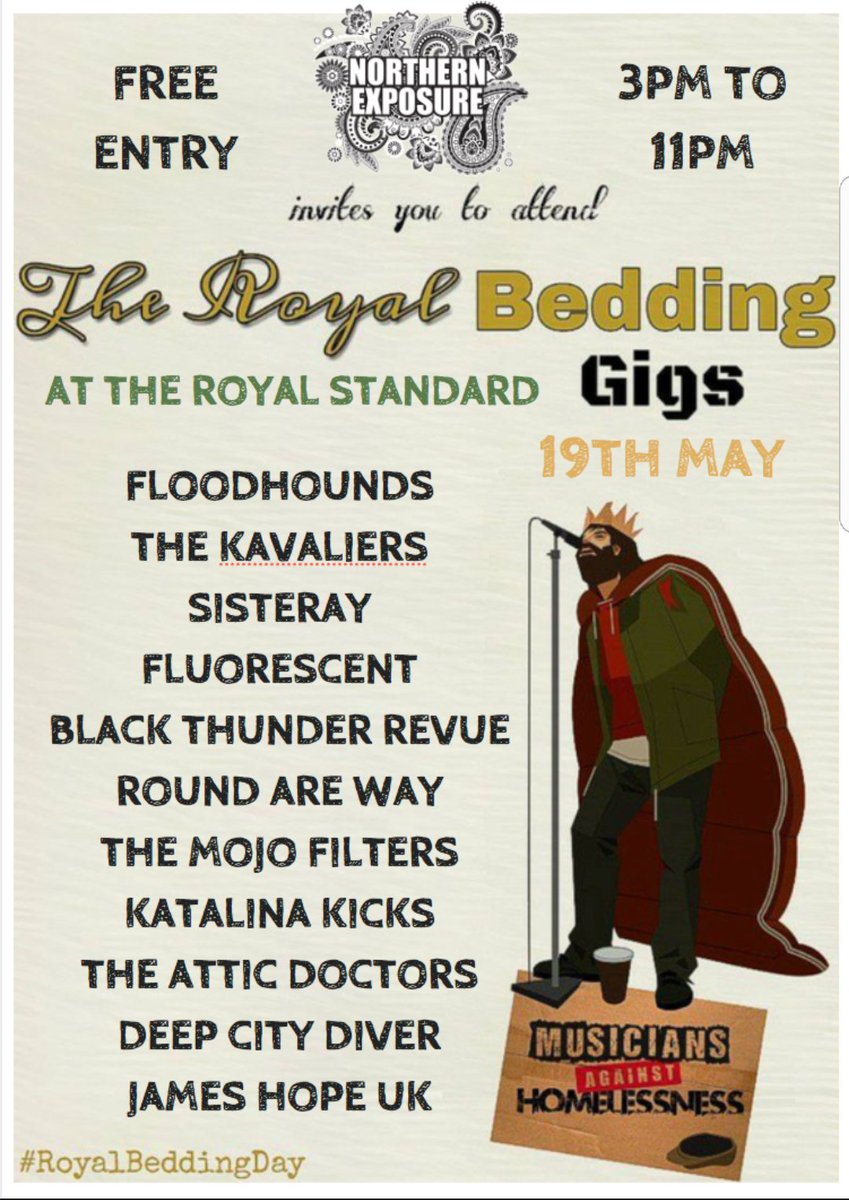 19th May I will be playing live at <a href="/thersbar/">The Royal Standard</a> in support of <a href="/MAH_Gigs/">Musicians Against Homelessness - Emma Rule MBE</a> some great bands on the line up! 
<a href="/FloodHounds/">FloodHounds</a> 
@thekavaliers 
<a href="/sisterayuk/">🆂🅸🆂🆃🅴🆁🅰🆈</a>
@katalinakicks 

Plus many more x