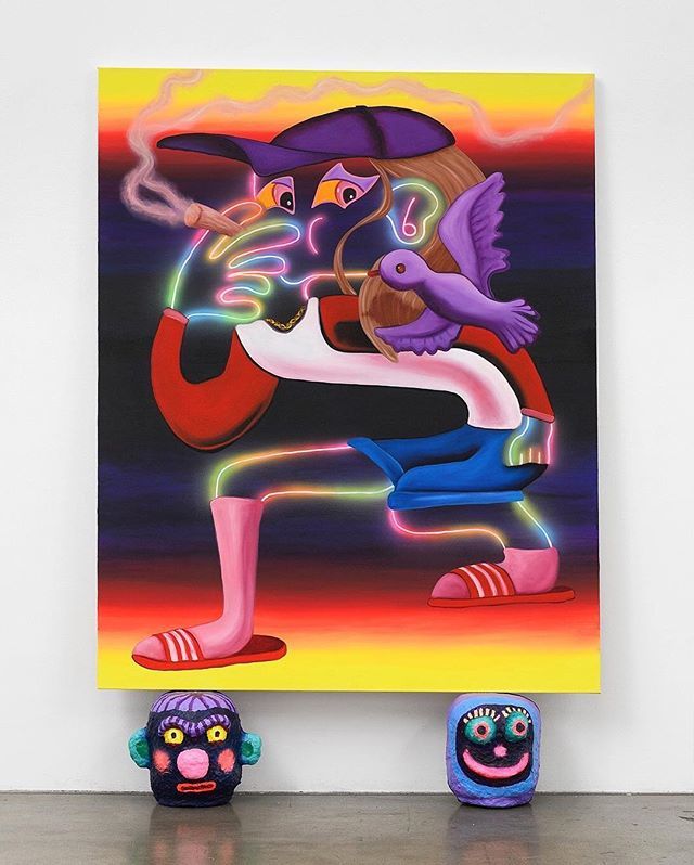 superfuturekid's tweet image. ‘Sticks ‘n Stones may break my Bones’ this one is currently @richardhellergallery as part of ‘Immersion’, through April 28th! Oil, acrylic and airbrush on canvas, 150 x 120cm with 2 heads 🎅🏻🌸🤡