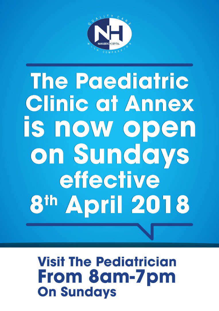 NakaseroHosp's tweet photo. Nakasero Hospital Paediatric Clinic at Annex will now open on Sundays with pediatricians running clinics on this day effective this Sunday 8th April 2018. #improvingservice  For more information 0393346155 https://t.co/63BTCWdY38