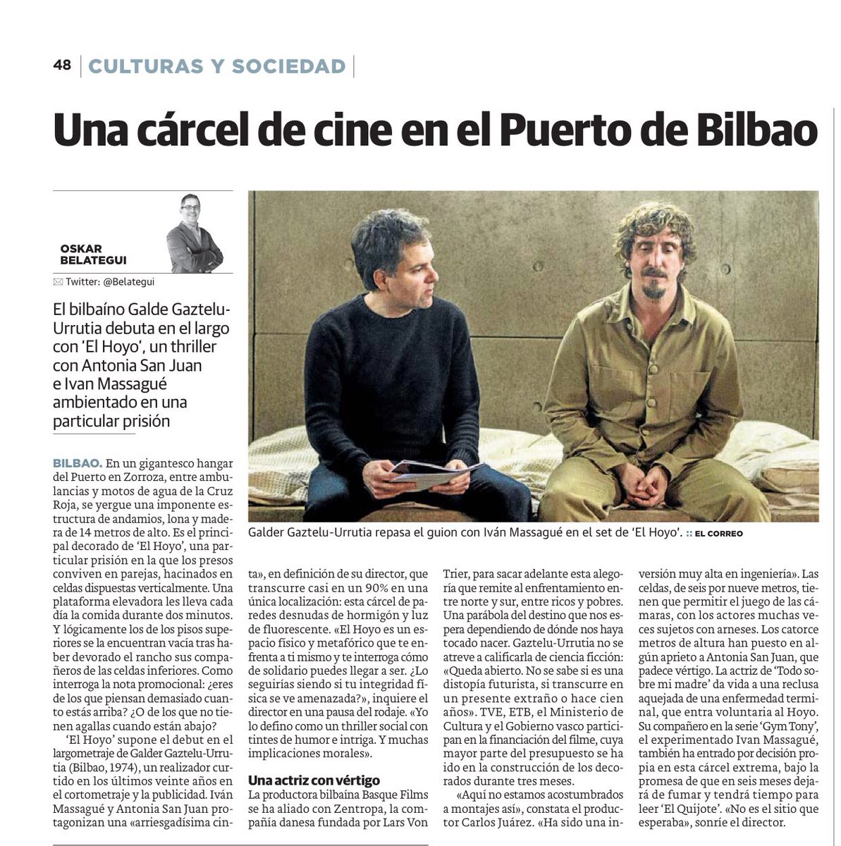 Belategui's tweet photo. Recuerda a ‘Cube’ pero no. Iván Massagué @chidolula y @Antoniasanjua ruedan en Bilbao ‘El Hoyo’, ópera prima de Galder Gaztelu-Urrutia. https://t.co/zuMxlFUoSh