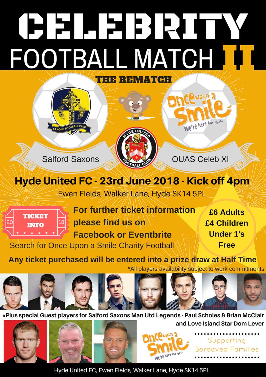 Match Day Tickets on sale and join us for the big rematch between Salford Saxons vs <a href="/OUAS_CharityFC/">Sidley Charity FC</a> held <a href="/hydeunited/">Hyde United FC 🐯</a> all for the amazing <a href="/Sidley_OUAS/">Once Upon a Smile</a>
eventbrite.co.uk/e/once-upon-a-…
#makeadifference <a href="/ouas/">Bruce Inch</a> 

<a href="/United_Webby/">Darren Webb</a> <a href="/riggers1982/">Leanne Rigby-Hughes</a> <a href="/Huggiemufc/">Peter Hughes</a> <a href="/MattyHunt7/">Matty Hunt 🇾🇪</a> <a href="/chris_thomas8/">Chris Thomas</a> <a href="/deanoc1988/">Dean</a>
