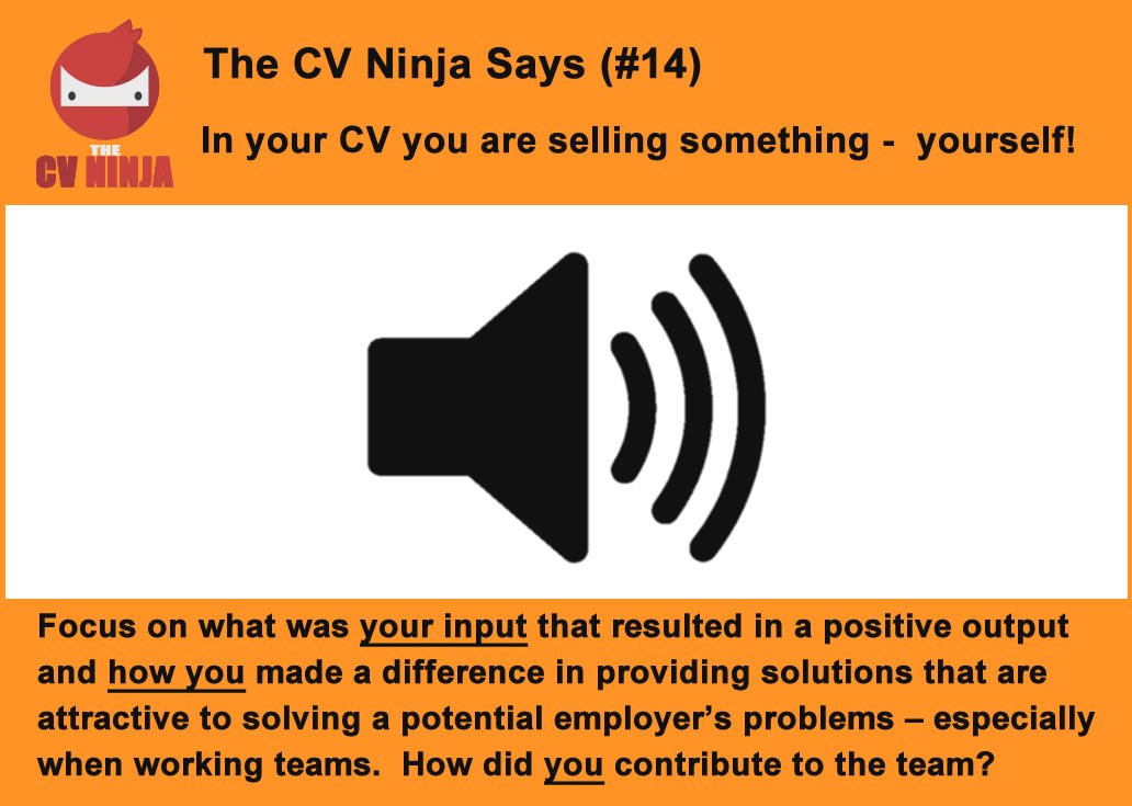 YourCVNinja's tweet photo. The CV Ninja says #14: Remember, you are selling something – yourself! https://t.co/5b2unX4TgW #CV #ResumeTips #CVTips #TheCVNinja #CVHacks #Careers https://t.co/jqnGEjkEeL