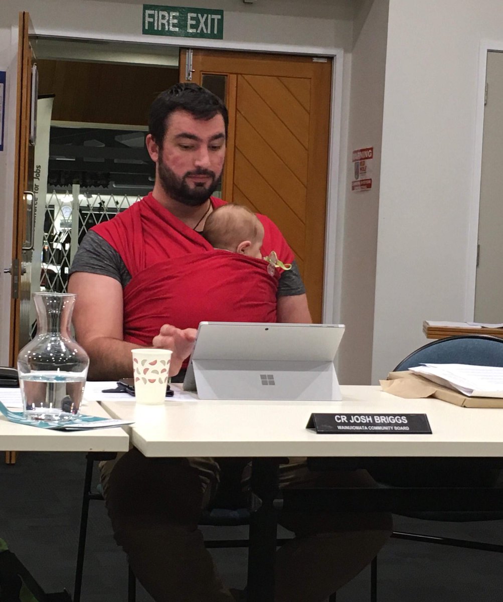 Campbell_Barry's tweet photo. Love it. Hutt City Councillor @JoshBriggsNZ with his boy Logan at the Wainuiomata Community Board meeting tonight. #MultitaskingLikeAPro https://t.co/zwpWCpuKWk