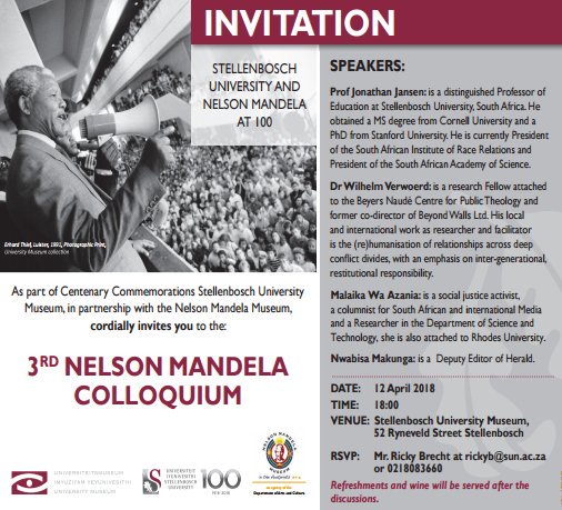 kamva_somdyala's tweet photo. #SUMuseum hosting its 3rd Nelson Mandela Colloquium next week, 12 April. Speakers include Prof Jansen &amp; social justice activist Malaika Wa Azania https://t.co/FYQkuv14HR