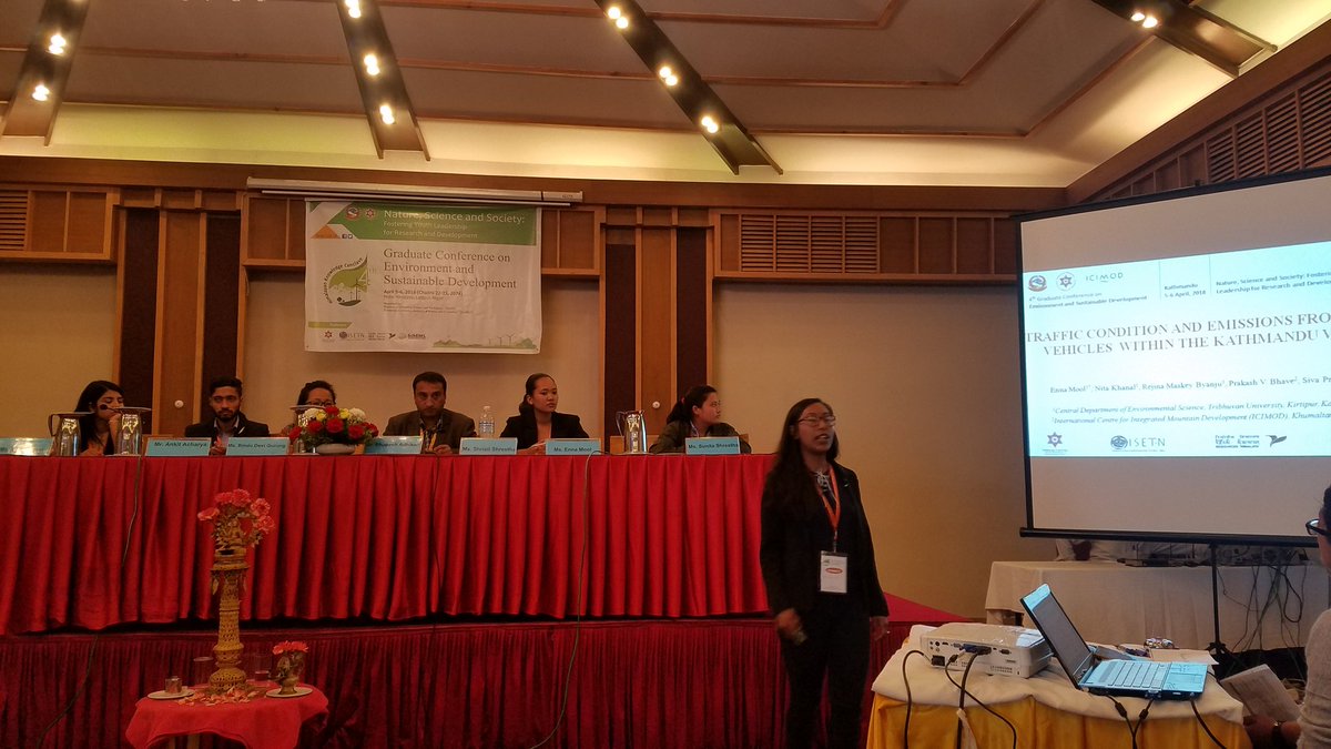 ISETNepal's tweet photo. Ms. Enna Mool presenting on Traffic Condition &amp; Emissions from Diesel Vehicles within The Kathmandu Valley at 4th Graduate conference. #HKC2018 https://t.co/B9N863hX35