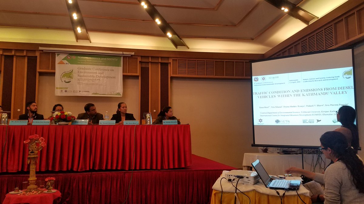 ISETNepal's tweet photo. Ms. Enna Mool presenting on Traffic Condition &amp; Emissions from Diesel Vehicles within The Kathmandu Valley at 4th Graduate conference. #HKC2018 https://t.co/B9N863hX35