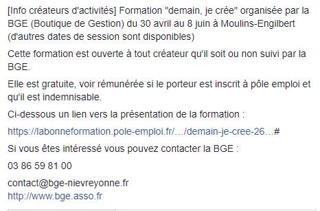Formation "demain, je crée"  par la BGE du 30 avril au 8 juin à Moulins-Engilbert (autres dates dispos)Présentation : labonneformation.pole-emploi.fr/annonce-format…
Formation ouverte à tout créateur suivi ou non par la BGE. Gratuite, voir rémunérée selon conditions. <a href="/fabienbazin/">fabien bazin</a> @BgeNievreYonne