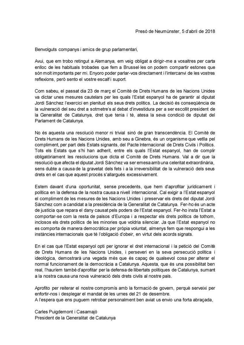 L'Estat espanyol ha de complir les mesures de @UN i preservar els drets de @jordialapreso. Ja que l'Estat no es comporta democràticament per pròpia voluntat, fem que respongui a les instàncies internacionals que té l'obligació d'obeir.

📑 Carta des de la presó de Neumünster ⬇️