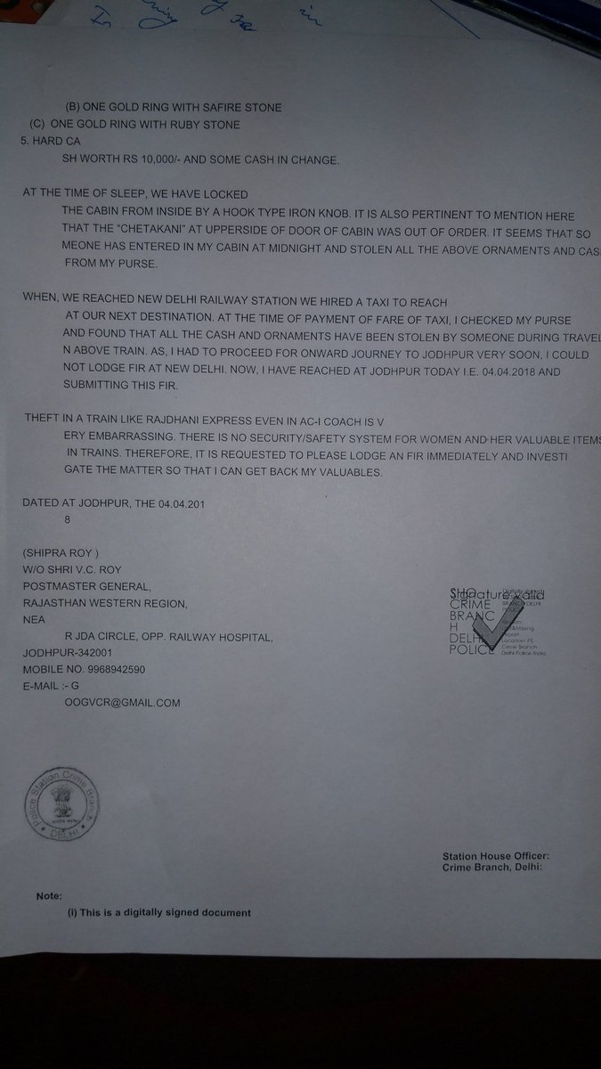 vidhancroy's tweet photo. @ECRlyHJP  @AshwaniLohani Travelled in AC Ist of Patna Rajdhani to Delhi on 2.4.18 in H2/E/13,14 Theft of jewellery &amp; cash happened at night by opening coupe.  Matter reported online to GRP NDLS. Intervention &amp; help requested for recovery https://t.co/JiYQfOxnMs