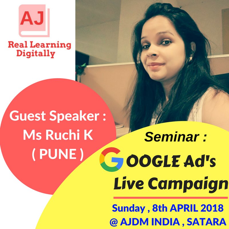AjdmIndia's tweet photo. Seminar:-
‘’ Google Ad’s Live Campaign “
Venue : AJDM INDIA, Satara
Sunday, 8th April 2018
#ajdmindia #digitalmarketing2018 https://t.co/AI0cgfEdkt