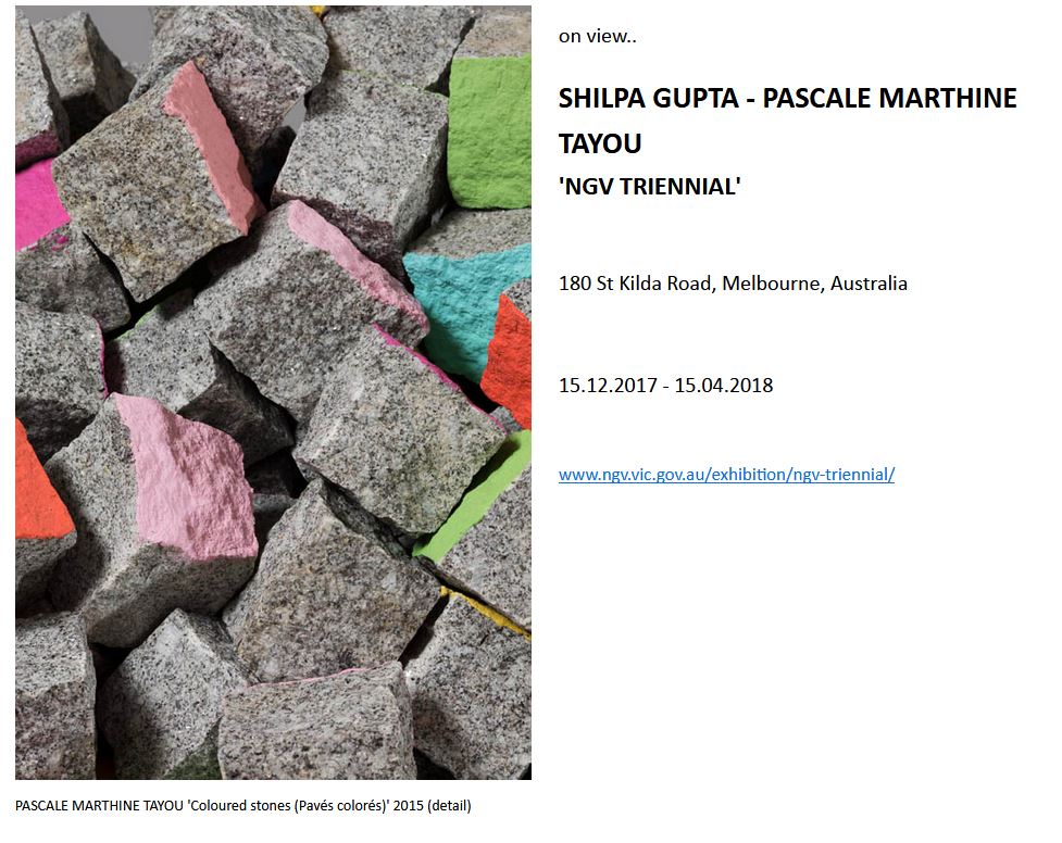 wundernest's tweet photo. on view..
SHILPA GUPTA - PASCALE MARTHINE TAYOU
'NGV TRIENNIAL' https://t.co/nD2OvIoJaF