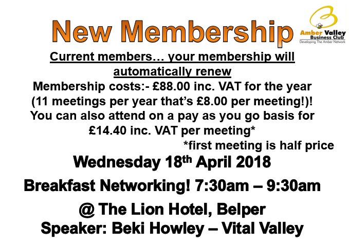 AmberValleyBN's tweet photo. #AmberValley #Business Club - new membership starts this month.
Join us for breakfast and hear about the #VitalValley #Belper https://t.co/0OYB4JzwWp