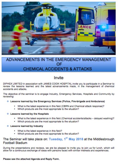 DipHex_Ltd's tweet photo. Considering the risks of #chemicalincidents or #corrosiveattacks please join us for this free seminar to learn & to discuss best practice protocols & first hand experiences. Middlesbrough Football Stadium on 1st May in conjunction with James Cook Hospital. Contact kate@diphex.com https://t.co/7k5GlyqmJk