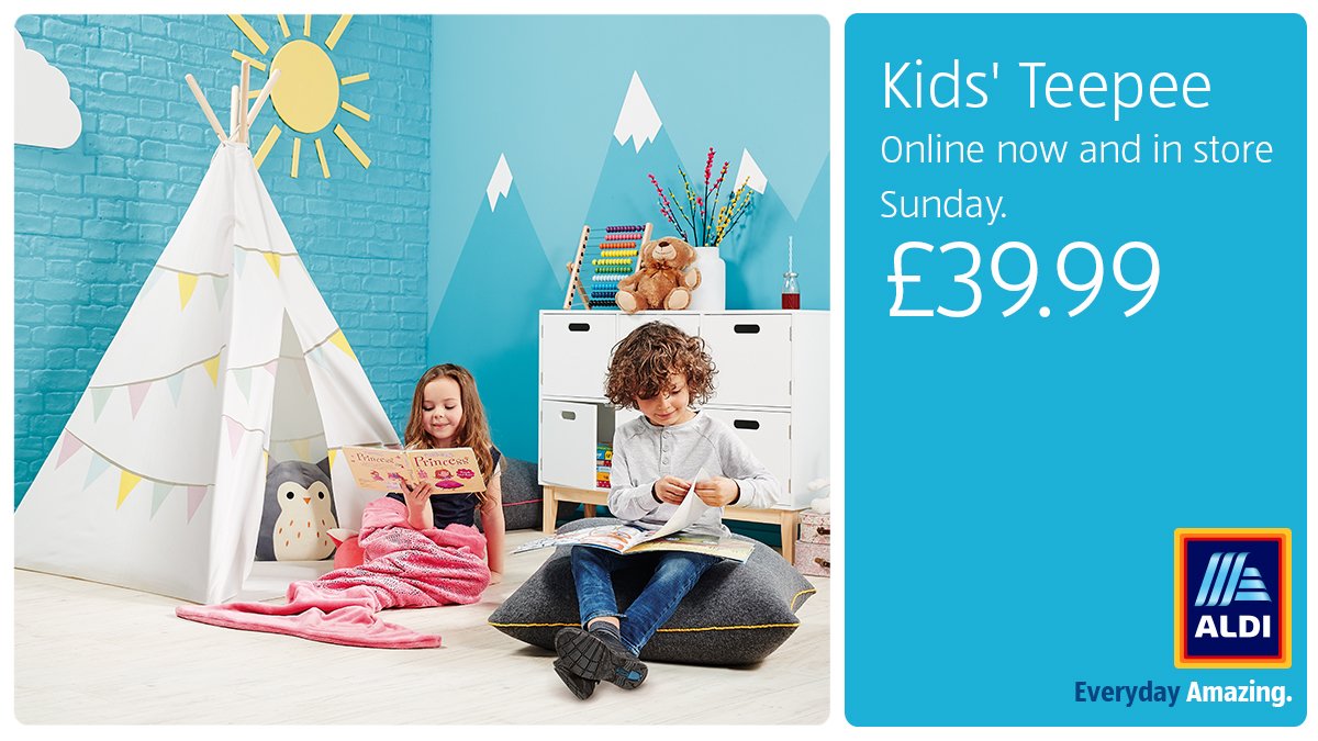 AldiUK's tweet photo. We've got ALL the playroom fun for your little ones this Easter holidays, from TeePee's to tea sets and playhouses. Hours of fun. #AldiEverydayAmazing https://t.co/oVMbOLdiOW https://t.co/u2OAH9HDMd