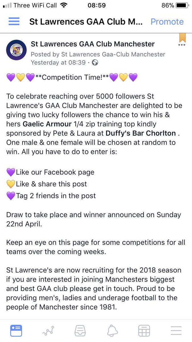 St_LawrencesGAA's tweet photo. 💜💛Competition Time💜💛

2Celebrate reachin 5000 followers on Facebook we r givin 2lucky followers a chance 2win His&amp;Hers @GaelicArmour trainin top 1male &amp;1female will be chosen 2win 2enter:

💜Like r twitter page 
💛RT this post
💜Tag 2 friends in tweet

Winner TBA Sun 22 April https://t.co/vbWlNhzJqj