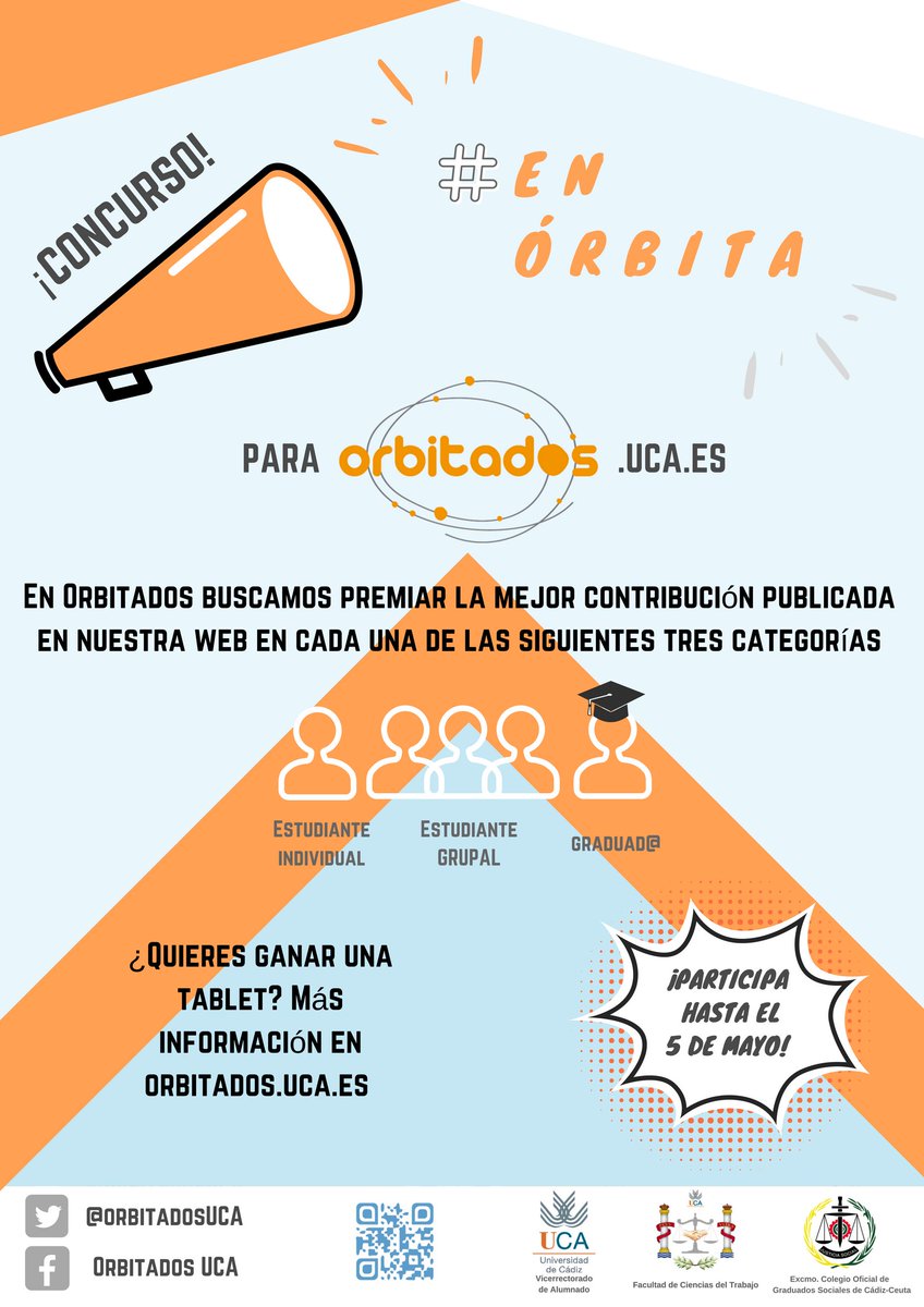 orbitadosUCA's tweet photo. 📣 ¡Convocamos el Concurso #EnÓrbita a la mejor publicación sobre #RRLL y #RRHH! Si eres estudiante o egresado, no lo dudes y … 📆 ¡participa hasta el 5 de mayo! + info ➡ https://t.co/zqAGsOoRVv https://t.co/HZRweCHCmg