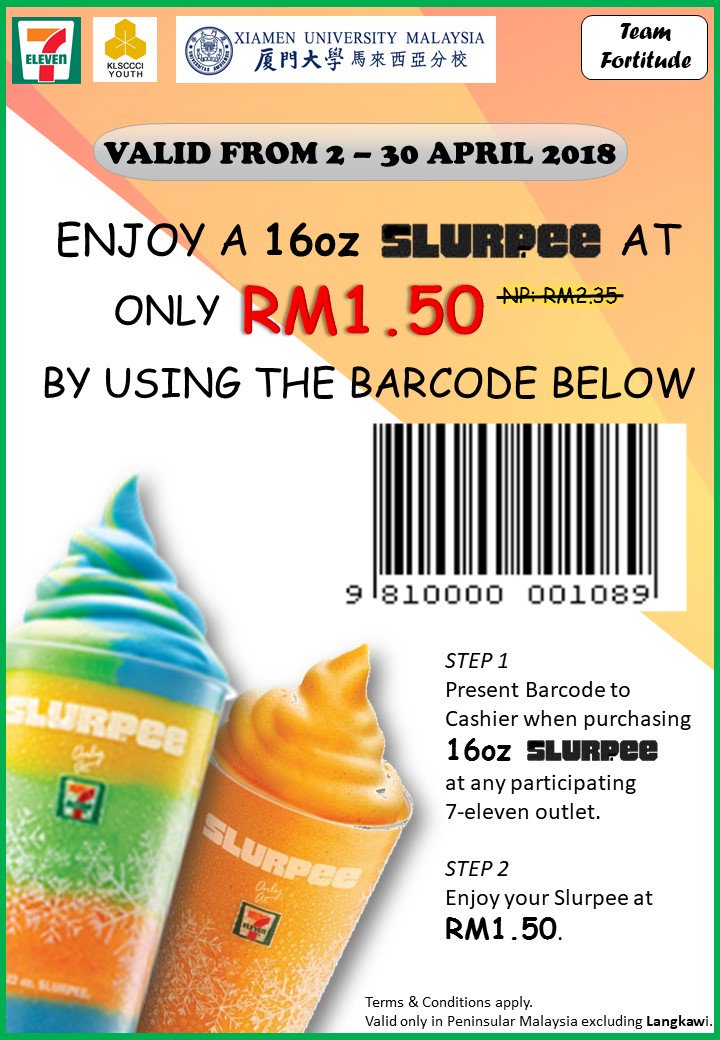 Vaneeseeeee's tweet photo. Hello friends π ,
We are currently participating in a marketing competition by 7-Eleven.
Please support us! ππͺ
Scan on our BARCODE and enjoy your DIY Slurpee at RM1.50 π
#TeamFortitude #KLSCCCI #7ELevenMY https://t.co/R6B6sLpMKT