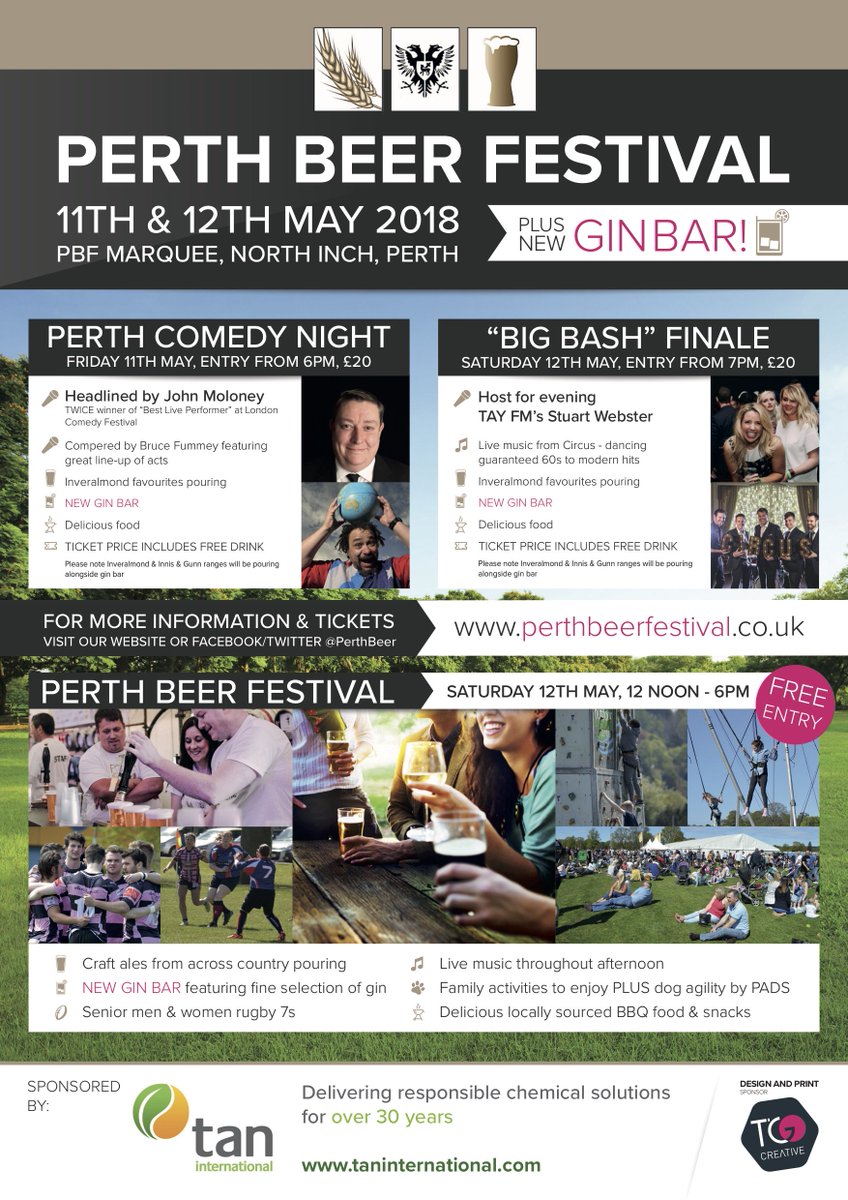PerthBeer's tweet photo. Delighted to announce our line up for @PerthBeer 2018. Comedy Night Friday 11th May, Beer Festival & @PerthshireRugby 7s rugby Sat 12th from 12noon & Big Bash Finale Sat night. See you there! #perthbeer Tickets & more info https://t.co/DKg5XrabMd. @PerthCityCentre๐ป๐๐ธ https://t.co/s0Lf18UMlv