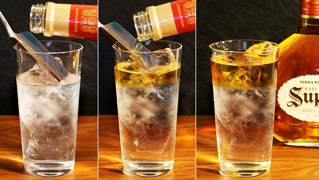 今宵はスーパーニッカで ＼ウイスキーフロート／ 先に氷と水を入れ、後