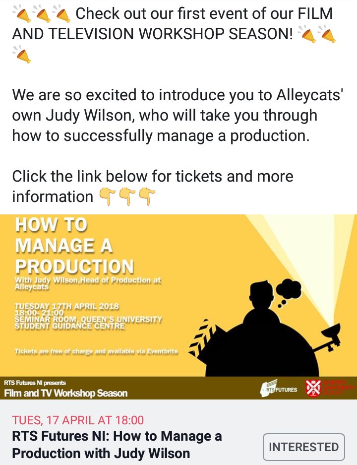 RTSFutures_NI's tweet photo. Check out our first event of our FILM AND TELEVISION WORKSHOP SEASON! More information and ticket links are available via our Facebook page 📱👐 https://t.co/9XlKDuurJ7