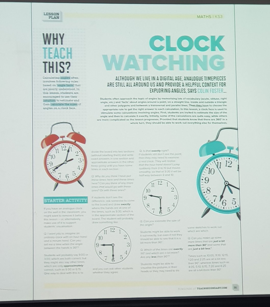HHAMaths's tweet photo. Let's use clocks for angle problems! Many great ideas for practicing skills through non boring tasks. Procedural fluency through rich tasks by @colinfoster77 @bcmeconference #amazing #usefulmaths #bcme9 https://t.co/iKvoeXpHc3