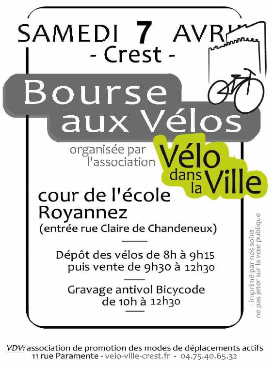 dromolib's tweet photo. BOURSE AUX VÉLOS à @VilledeCrest  samedi 7 avril 2018 à parti de 9h30 (dépôt des vélos entre 8h et 9h15) #boursevélo https://t.co/UQipy5S08x