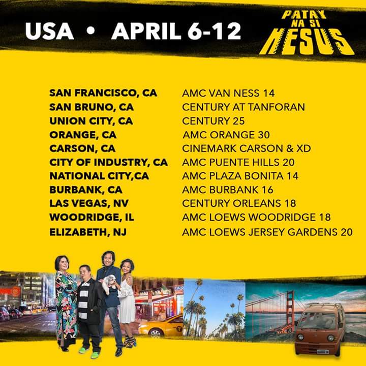 PnsHesusMovie's tweet photo. HESUS IN US THEATERS STARTING FRIDAY 🚗

Check out this updated list of cinemas showing #PatayNaSiHesus (Jesus Is Dead) beginning Friday, April 6.

ALL SCREENINGS ARE SUBTITLED IN ENGLISH.

#BisayaTagalog #PamilyangPinoy #ModernFunnily #JaclynJose #CebuDumaguete #LGBTaBai https://t.co/QCN18mpZMA