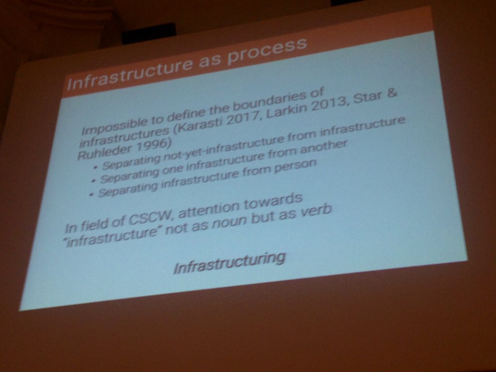 schambers3's tweet photo. Infrastructure as a verb -> infrastructuring - great idea introduced by @MaxKemman in his presentation #echic2018 https://t.co/6bHfhdChX7