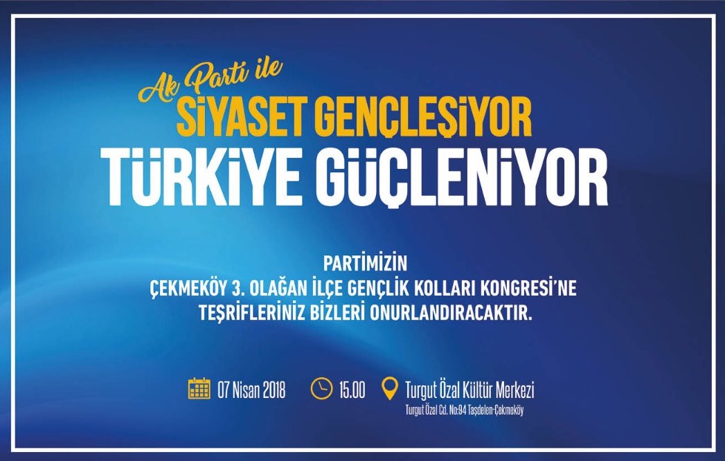 akgnccekmekoy's tweet photo. Haydi Çekmeköy, Teşriflerinizle bizleri onurlandıracağınız 3. Olağan Gençlik Kolları kongremize tüm genç kardeşlerimizi bekliyoruz. @mecertas @tahaayhan @bayramsenocak @AhmettPoyraz @salihkirici https://t.co/KjQDpxTK0B