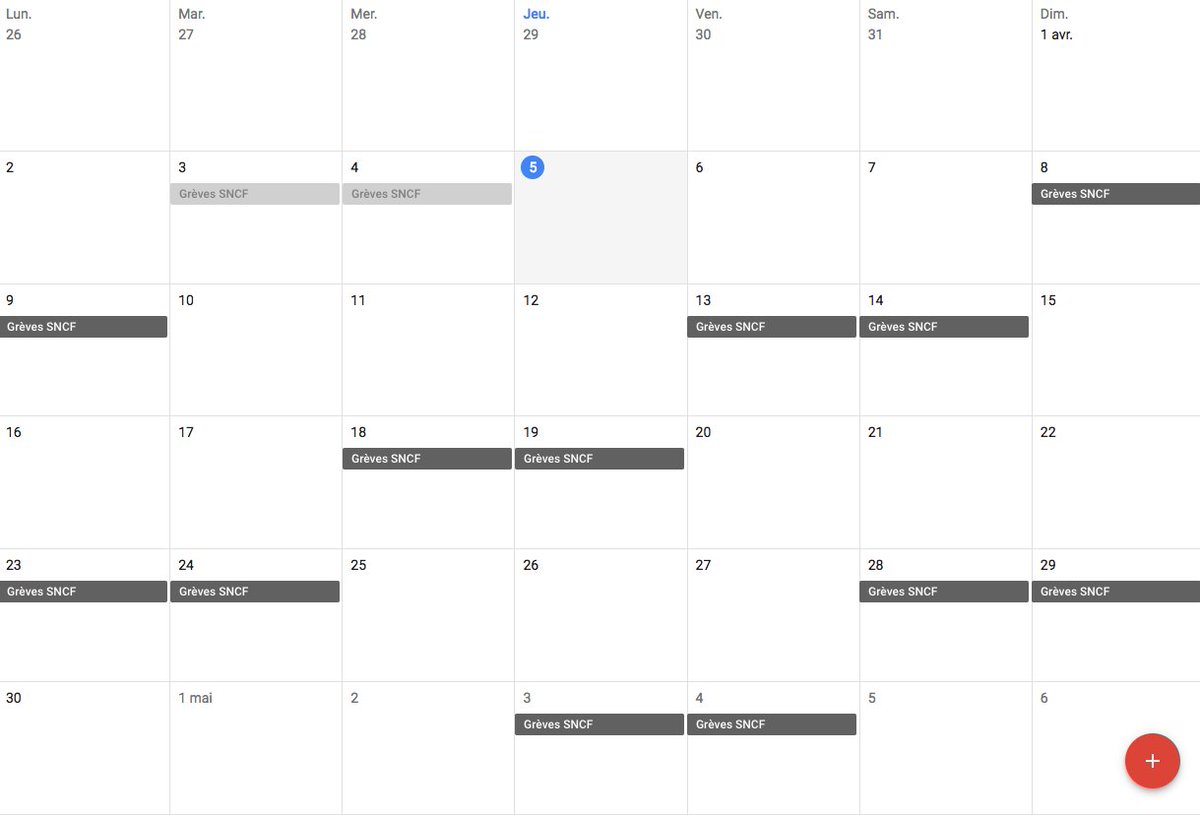 Pour celles et ceux qui comme moi ont besoin d'avoir les jours de grève à venir dans leur agenda, voici un calendrier partagé Google Agenda : buff.ly/2H8urPD et la version iCal : buff.ly/2IwVTpX #grevesSncf #calendrier