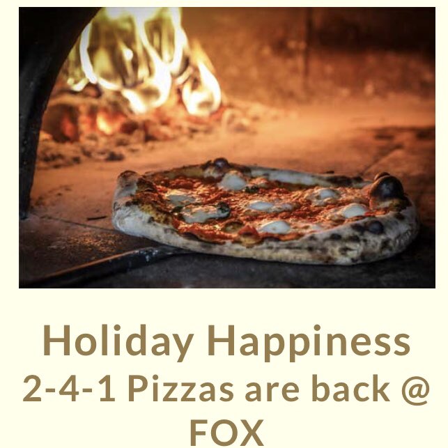 Holiday happiness is back for all you Easter bunnies 🐣🍕
T&amp;C’s apply
Mon-Saturday till 7pm.
Not applicable with Deliveroo &amp; takeaway, or any other offer.
Book online clicking the 2-4-1 link on the drop down.
Get involved 🍕🦊🙌 #fedbyfox #pizza #sourdough #foxhb #halebarns