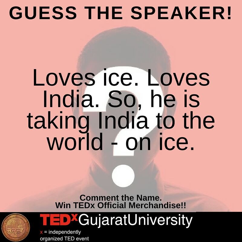 tedxgujaratuni's tweet photo. We are here with clue for our fourth speaker.Guess who?
#TED #TEDx #TEDxGujaratUniversity #Netrutva #eternal #journey
#partners
#NautamRVakil
#LetsRecycle
#FrankJefferson
#Ashima
#BhavnaNarang
#RitamBhatnagar
#cassidixmediaworks
#iKhodalEnterprise
#pakkoamdavadi
#DhruVats https://t.co/Rb85hJ3nku