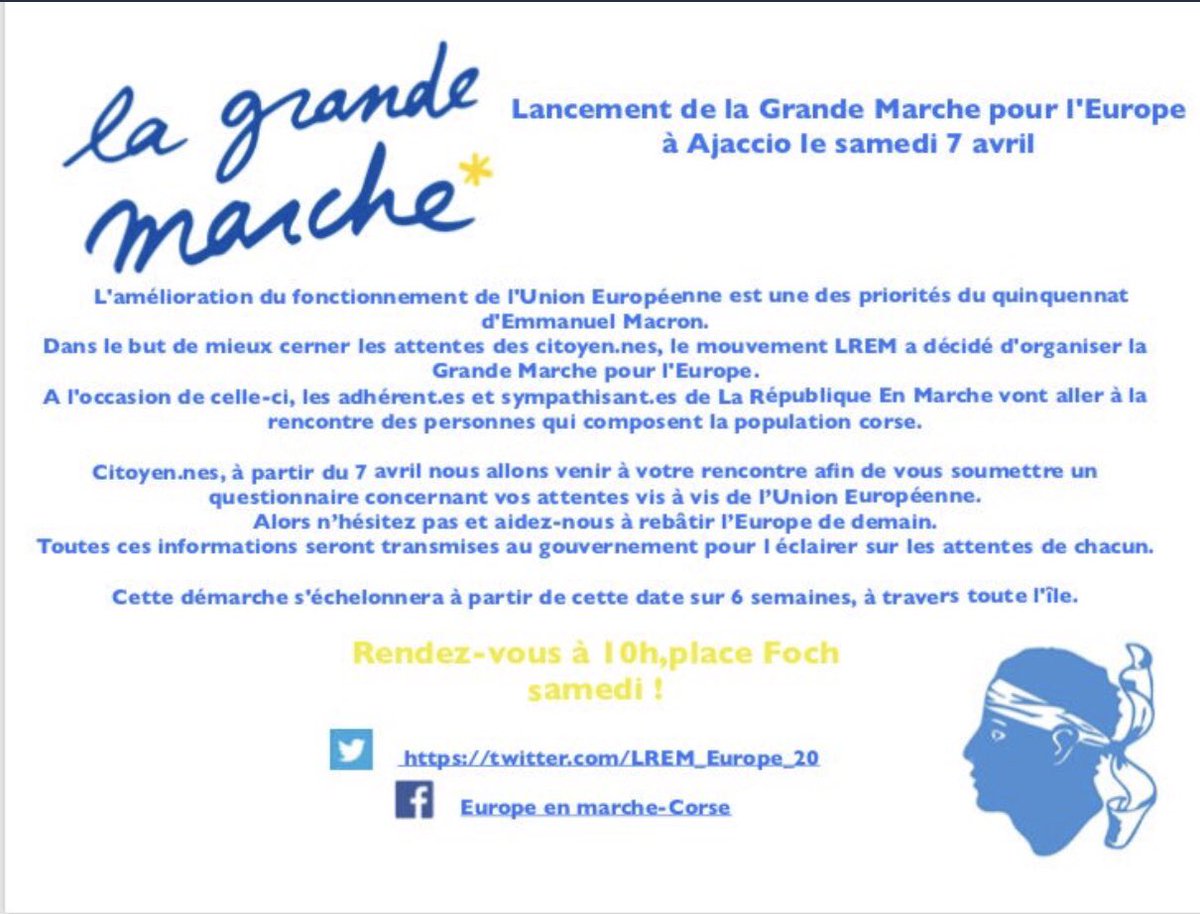 UgoaRenaissance's tweet photo. Donnons de la force à la #Corse avec la #GrandeMarcheEurope démarrage le 7 avril à Ajaccio, 10h, place Foch #GME @LREMCORSE @JeunesMacron20 @corseavecmacron https://t.co/YoyPdEgMU7
