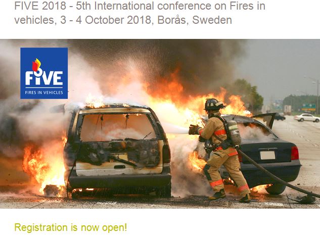 RISEFR's tweet photo. #FIVE2018: Registration is now open, 5th International conference on fires in vehicles, 3-4 October 2018 in Borås, Sweden. Welcome! @RISE_FIVE https://t.co/dvk9ED6tOm https://t.co/x2XnBRENl5