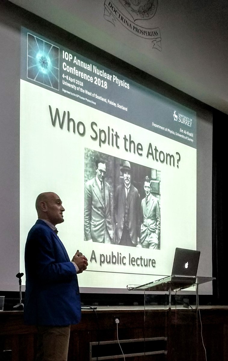 JohnFSmith's tweet photo. Thanks again to Professor Jim Al-Khalili @jimalkhalili for the excellent and engaging public lecture "Who split the atom?" at the IOP Nuclear Physics Conference at UWS in Paisley yesterday evening.  #IOPnuc2018 @UniWestScotland @UWSPhysics @iankallison https://t.co/u2EV3Jh1gO