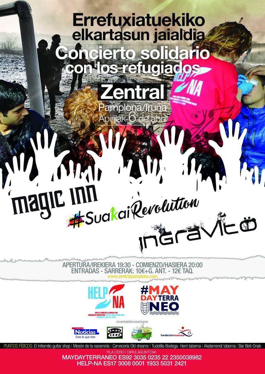 ZentralPamplona's tweet photo. Este viernes, 6 de abril, MÚSICA + SOLIDARIDAD = PLANAZO. No puedes faltar al Concierto Solidario con los #Refugiados con las actuaciones de #MagicInn + @SuakaiOficial + @ingravito. // Anima zaitez eta egin zure ekarpena!
+ INFO: https://t.co/KMUnFXht6r https://t.co/yMapFuz4SS