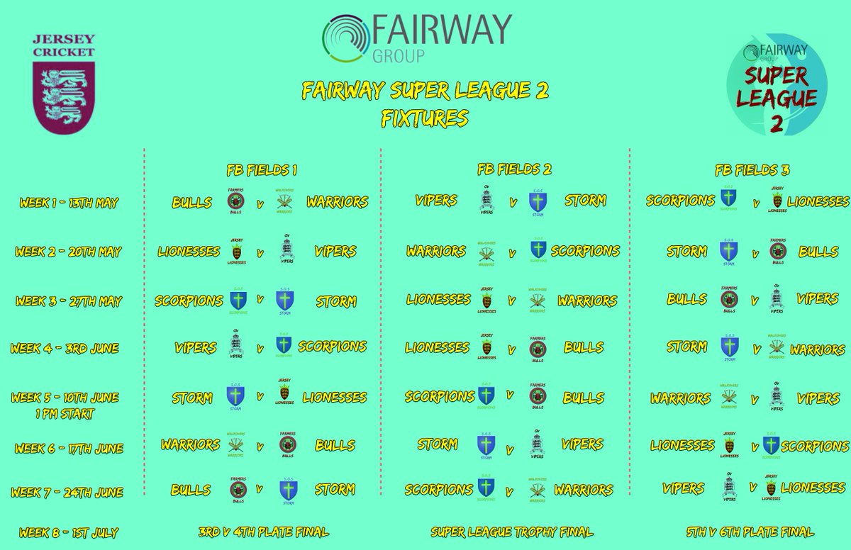 SuperLeagueJsy's tweet image. FIXTURES: Here is the confirmed tournament fixture list for @FairwayJersey Super League 2. We start with a replay of last years final between Vipers and Storm whilst the two new teams go head to head. Just 38 days left until the first ball is bowled! #FSL2 🏏