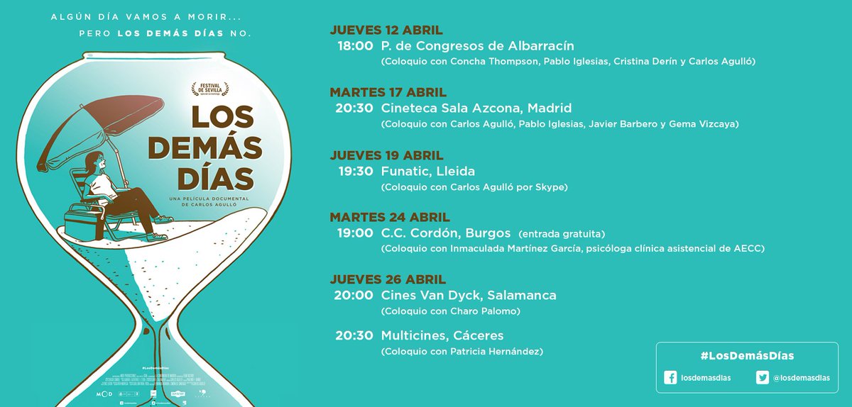 ¡Próximos pases con coloquio de #LosDemásDías!
🌟 Jueves 12 abril, Albarracín 
🌟 Martes 17 abril,Madrid Cineteca 
🌟 Jueves 19 abril,Lleida Funatic
🌟 Martes 24 abril,Burgos, C.C. Cordon. Entrada gratuita
🌟 Jueves 26 abril,Salamanca, Van Dyck y Cáceres, Multicines