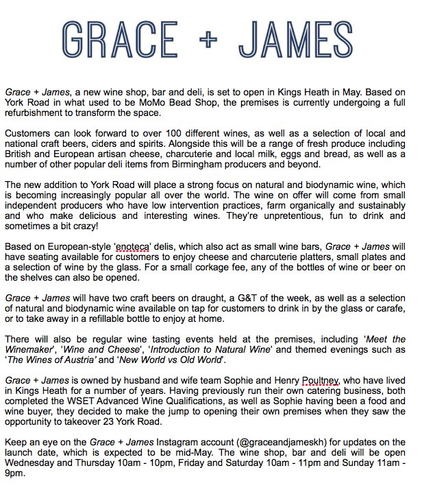 ichoosemag's tweet photo. A press release that I've VERY lazily just screengrabbed, but will be of interest to every Kings Heathan. To be fair, it sounds like it deserves to interest people within a square mile or two of York Road! Sounds fab. 
#kingsheath https://t.co/6FzBRLsi5e