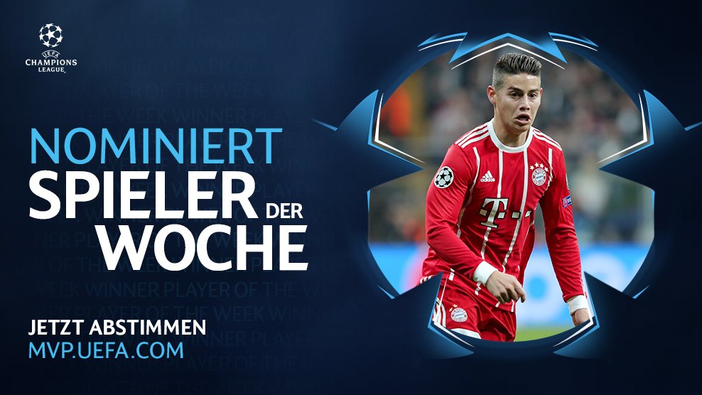 FCBayern's tweet photo. ⭐Spieler der Woche in der #UCL! ⭐

Gebt @jamesdrodriguez eure Stimme ➡https://t.co/iFW06Zebp9 #SFCFCB https://t.co/ljOCi2anxm