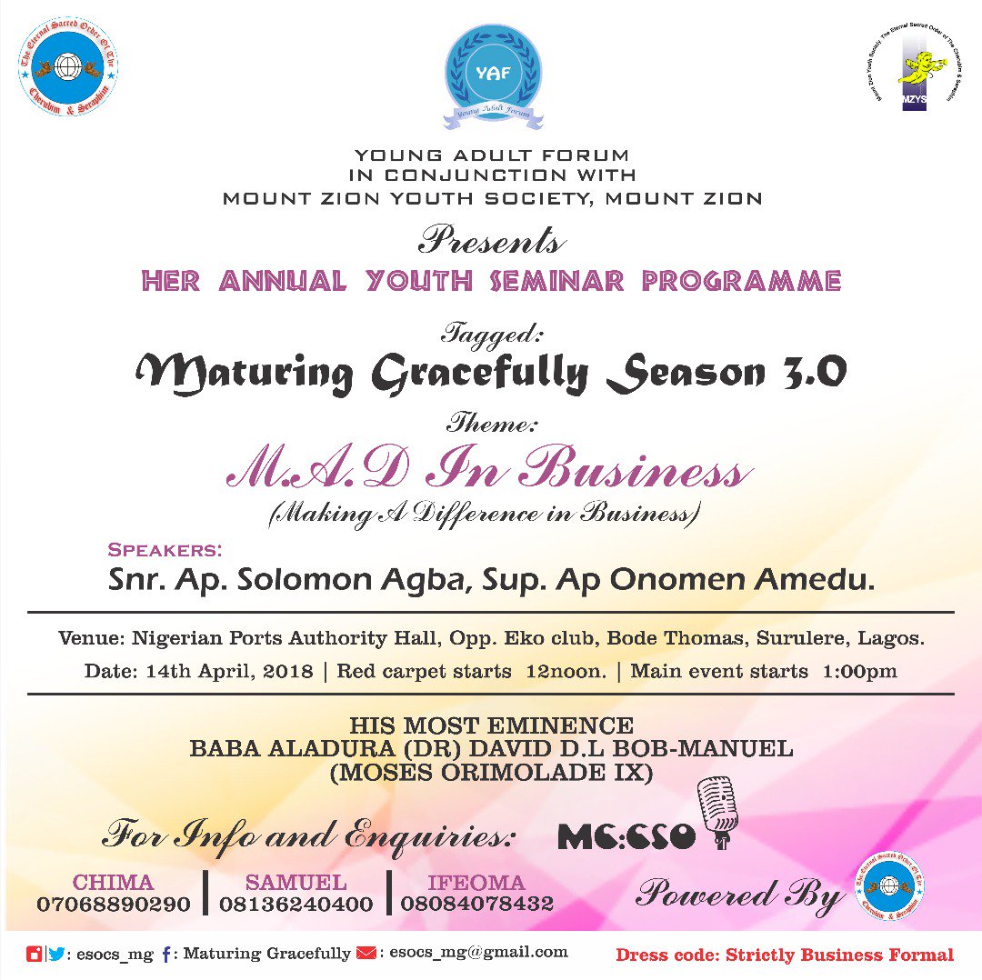 esocs_mg's tweet photo. COUNTING DOWN: JUST 9 DAYS TO GO MATURING GRACEFULLY SEASON 3

Date: 14th April, 2018
Venue: NPA hall, Bode Thomas, Surulere, Lagos
Time: 12:00pm (red carpet), 1:00pm (main event)
Dress Code: Strictly Corporate 
Come and experience the Lord!!
God bless you
#maturinggracefully3.0 https://t.co/pUdydxa9bo