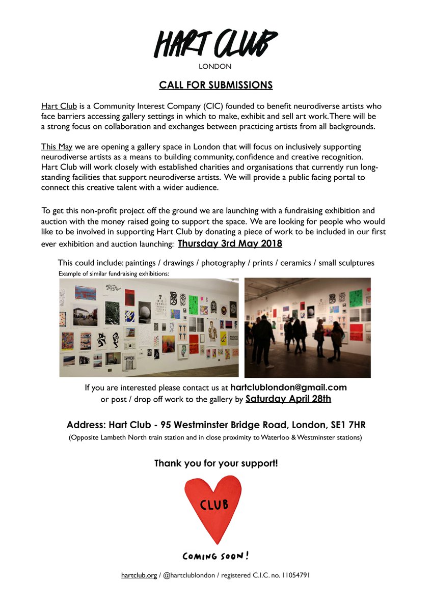 HeartnSoulArt's tweet photo. Please join us in supporting new #CommunityInterestCompany #HartClub in launching their new gallery for #neurodiverse artists. You can donate an artwork to be auctioned at the fundraiser launch on Thursday 3 May - check out this eflyer for more info! ❤️ https://t.co/sgoJeK9hjJ https://t.co/gTtJLKeRLZ