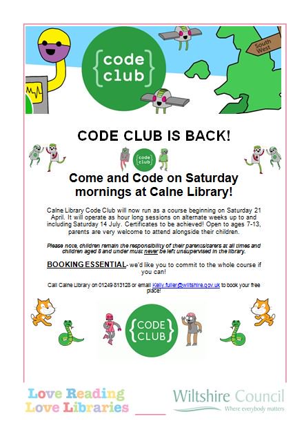 Did you know that #Calne library is now taking bookings for the Calne Code Club course? Starting on Saturday 21 April and open to all children aged 7 - 13, call the library on 01249 813128 to book your place! <a href="/CalneHub/">Calne Community Hub</a>