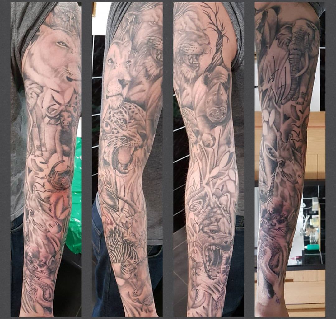 Joshua Levario on Instagram 25 hours later    safari safaritattoo  snowfall tattooideas legsleeve legtattoos animaltattoo lion elephant  rhino hextat