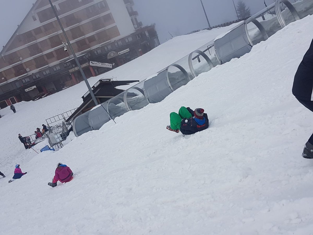 Prospect_Ski's tweet photo. After our daily ski sessions, we do a an evening activity. So far we have had a quiz night, movie night, karaoke and finally bum boarding (going downhill on a plastic sledge). Here’s some of our photos from last night. Can you find the teacher in the last photo?! #prospectski https://t.co/tYPTODdubt