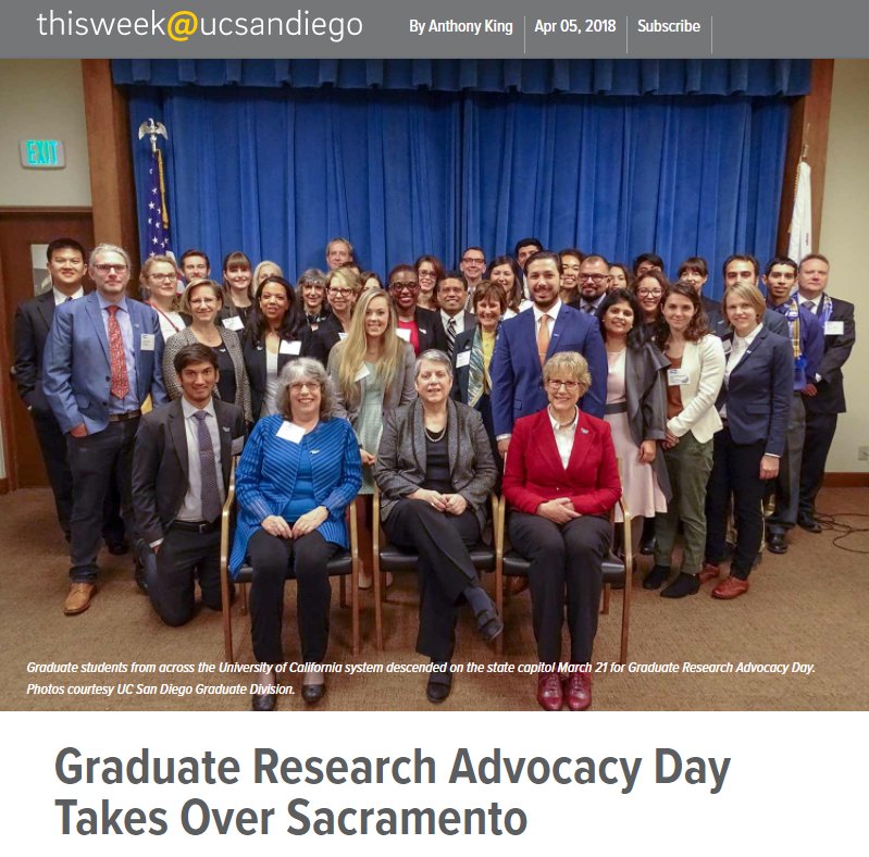 UCSDHealthSci's tweet photo. Graduate students took to the Calif. state capitol for the 9th annual @UofCalifornia Graduate Research Advocacy Day. They shared how their research impacts the state & advocated for investment in grad schools. Our MD/PhD student @agarg was among them: https://t.co/BTCoxpTznJ https://t.co/8mnjNdnrKU