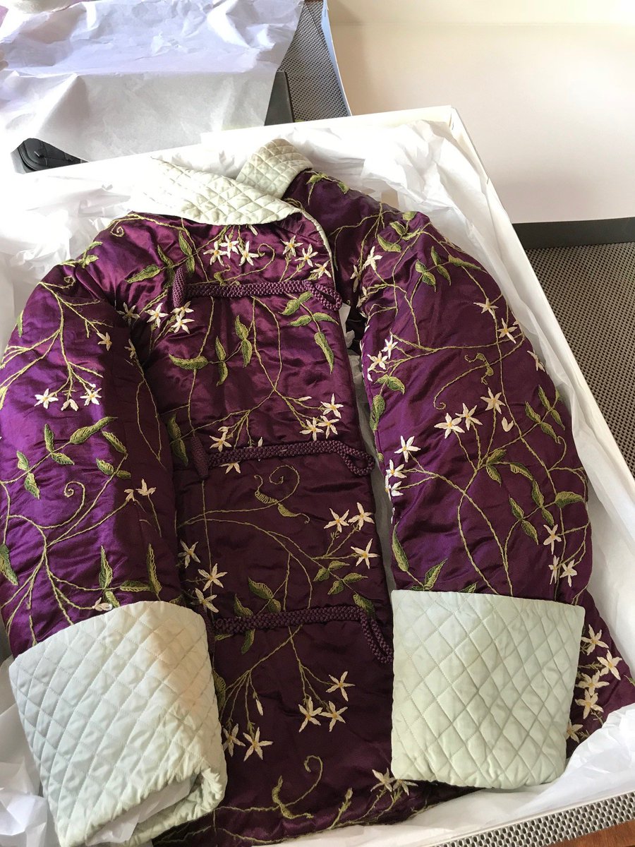 TableyHouse's tweet photo. Our volunteers have been documenting and studying the garments worn by the Leicester family @TableyHouse in the 19th century. This is a smoking/breakfast jacket c.1880, embroidered silk wool, satin and silk. Super colour !💜 @UoMHeritage  @UoMSALC @OfficialUoM @agms10 https://t.co/ZP9ZwzFAVF