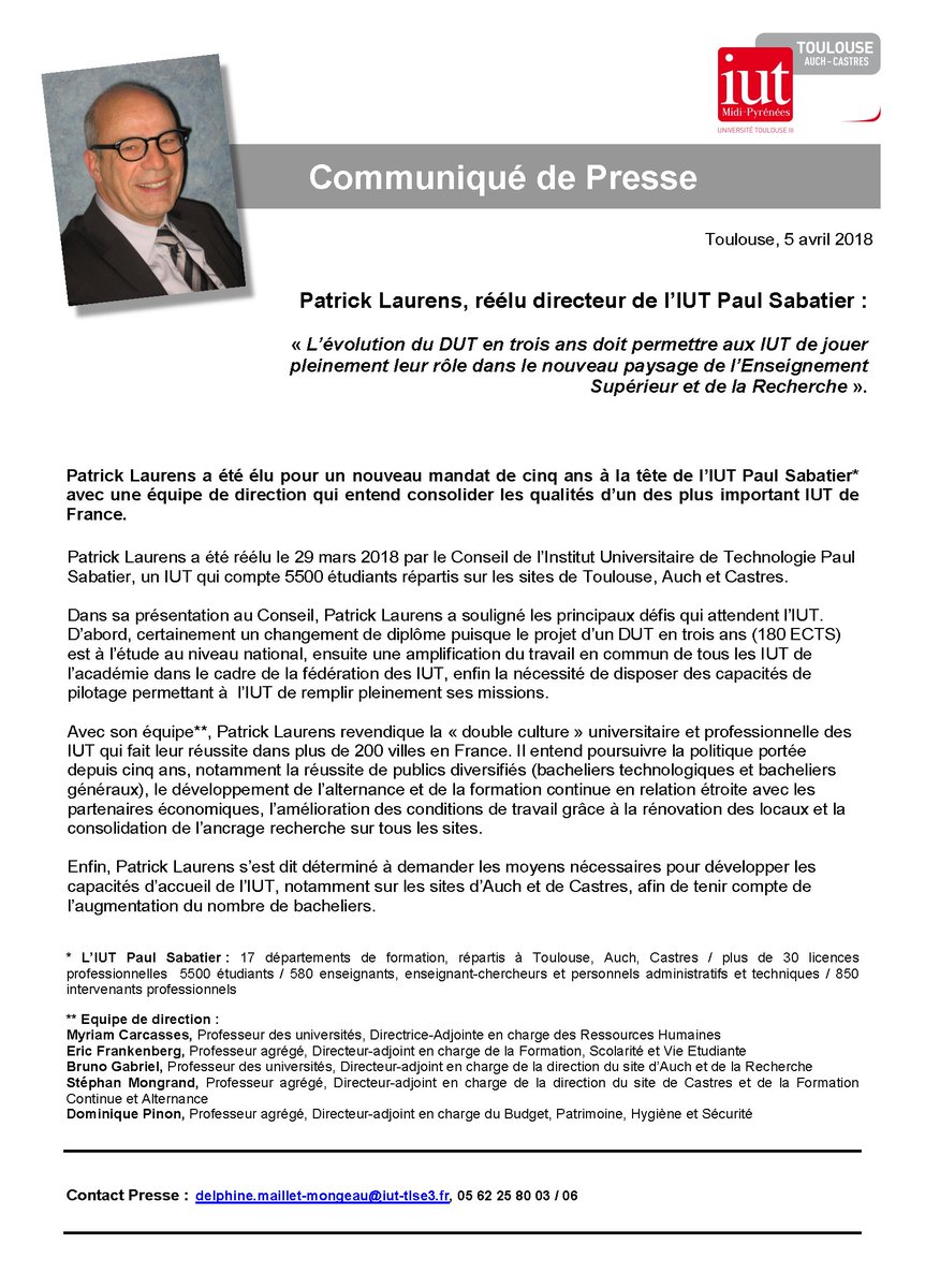 Election @IutToulouse3 : Deuxième mandat pour Mr Patrick LAURENS, réélu Directeur de l'IUT. Il sera accompagné d'une équipe de directeurs(trice)-adjoint(e)s constituée de Myriam CARCASSES, Eric FRANKENBERG, Bruno GABRIEL, Stephan MONGRAND, Dominique PINON.